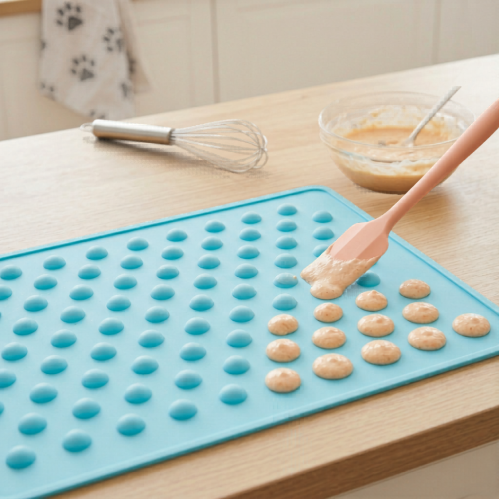 Effizientes Backen mit der Silikonmatte: Flüssiger Teig für Hundeleckerlis wird mit einem Teigschaber in die Noppen einer blauen Backmatte gestrichen.