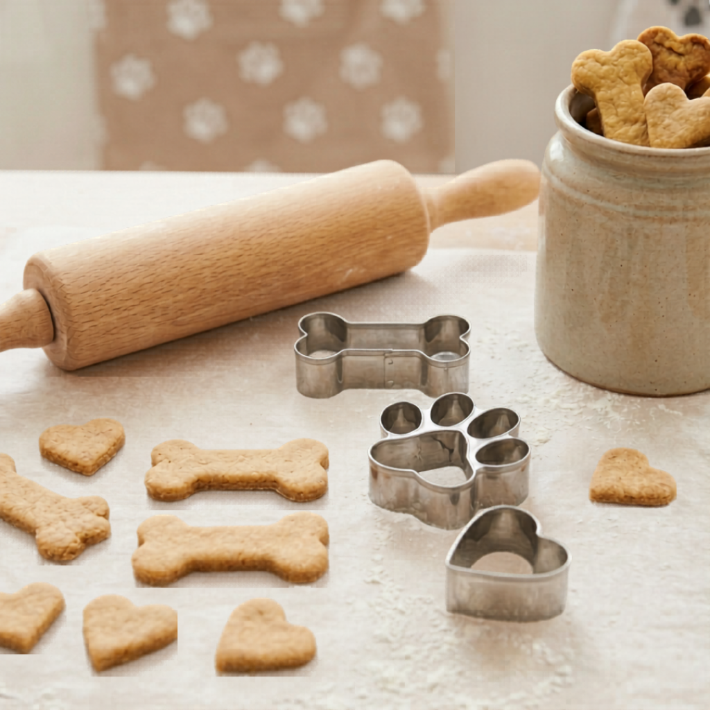 Klassische Hundekekse selber machen: Ausstechformen in Knochen- und Pfotenform liegen neben fertig gebackenen Keksen auf Backpapier.