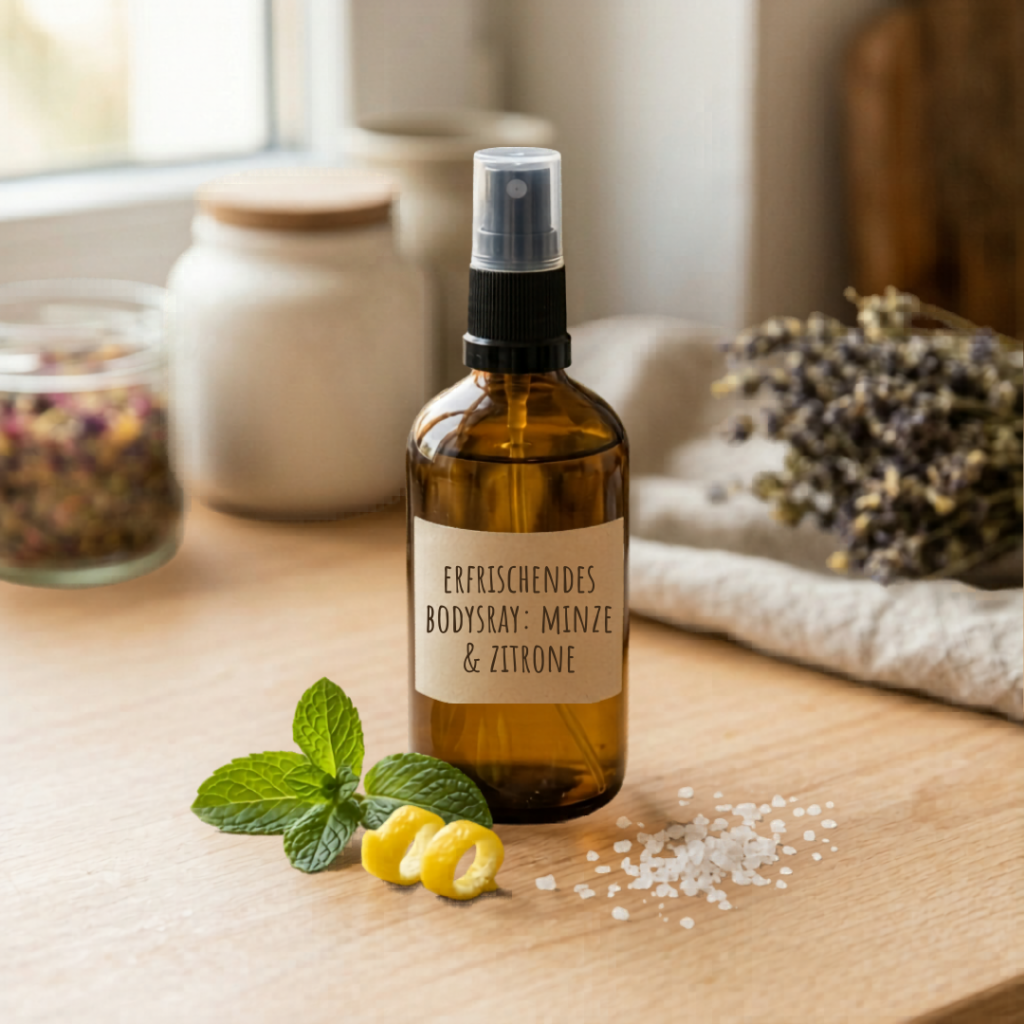 DIY Erfrischendes Bodyspray in einer Braunglas-Sprühflasche mit Minze und Zitronenschale auf Holzgrund.