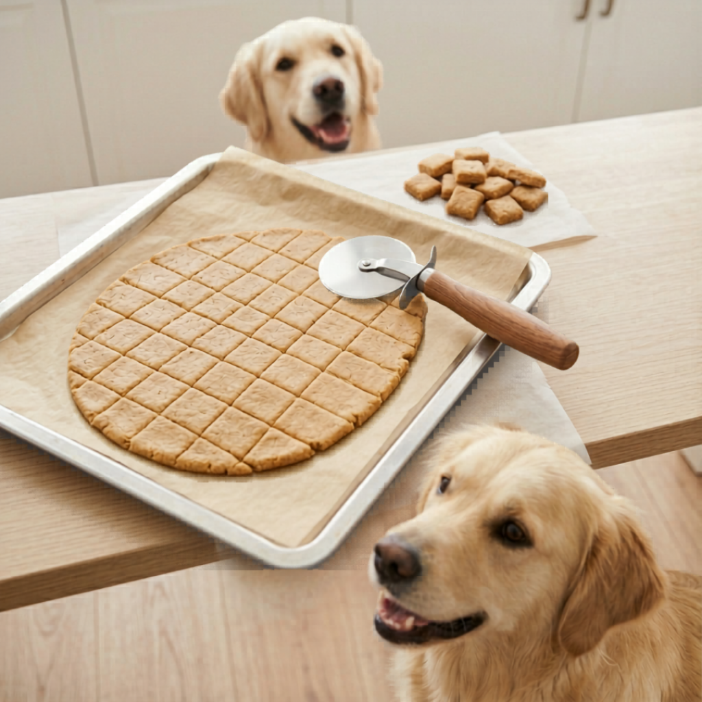 Hundekekse backen ohne Ausstechen: Ein Pizzaschneider schneidet Gitterlinien in mehlfreien Hundeteig auf einem Backblech, im Hintergrund wartet ein neugieriger Golden Retriever.