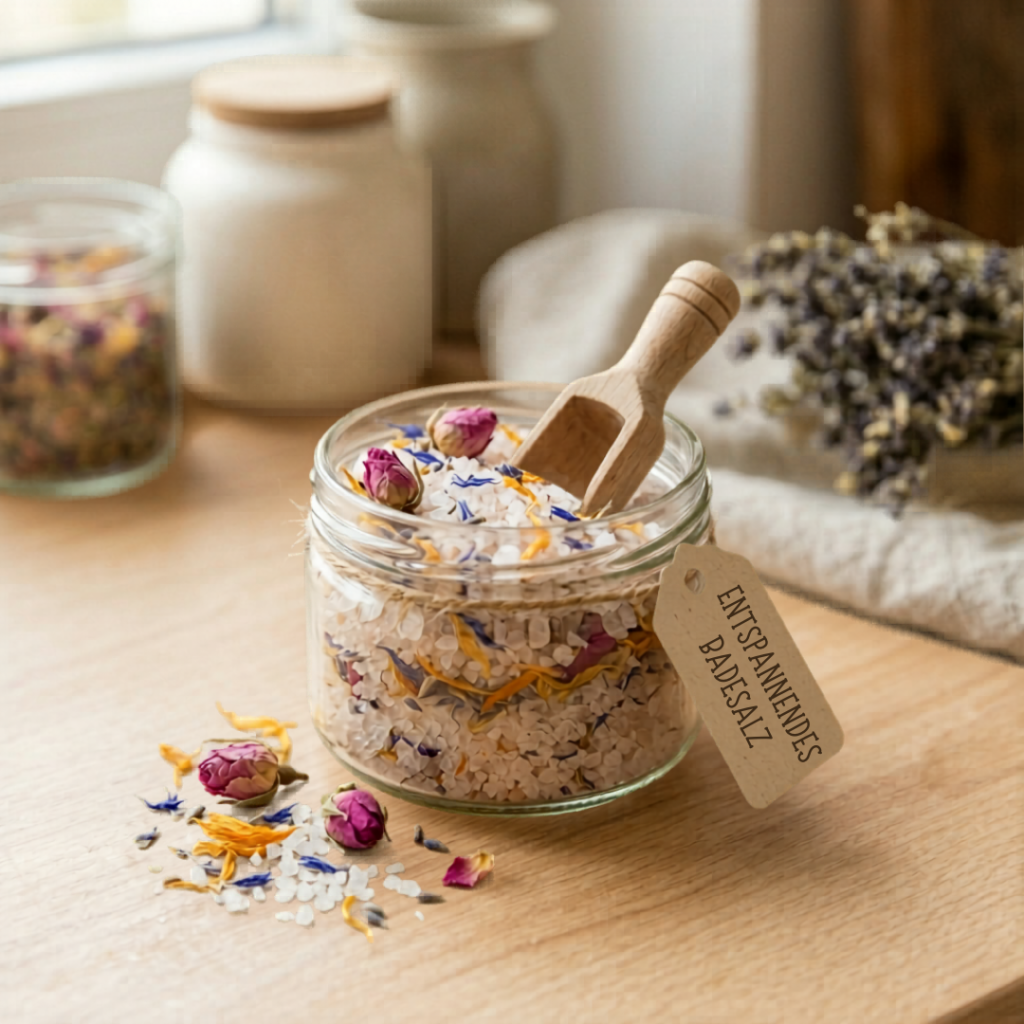 Selbstgemachtes Entspannendes Badesalz mit Rosenblüten und Lavendel in einem Glas mit Holzschaufel.