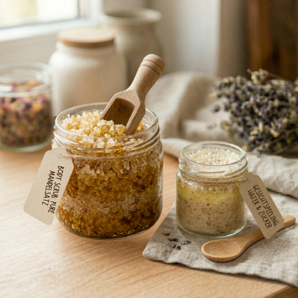 DIY Körper-Peeling und Gesichtspeeling in zwei Gläsern mit Meersalz, Zucker und Mandelöl.
