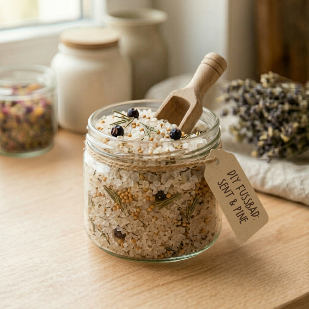 Wohltuendes DIY Fußbad mit grobem Meersalz, Senfkörnern und Wacholderbeeren in einem Glas.