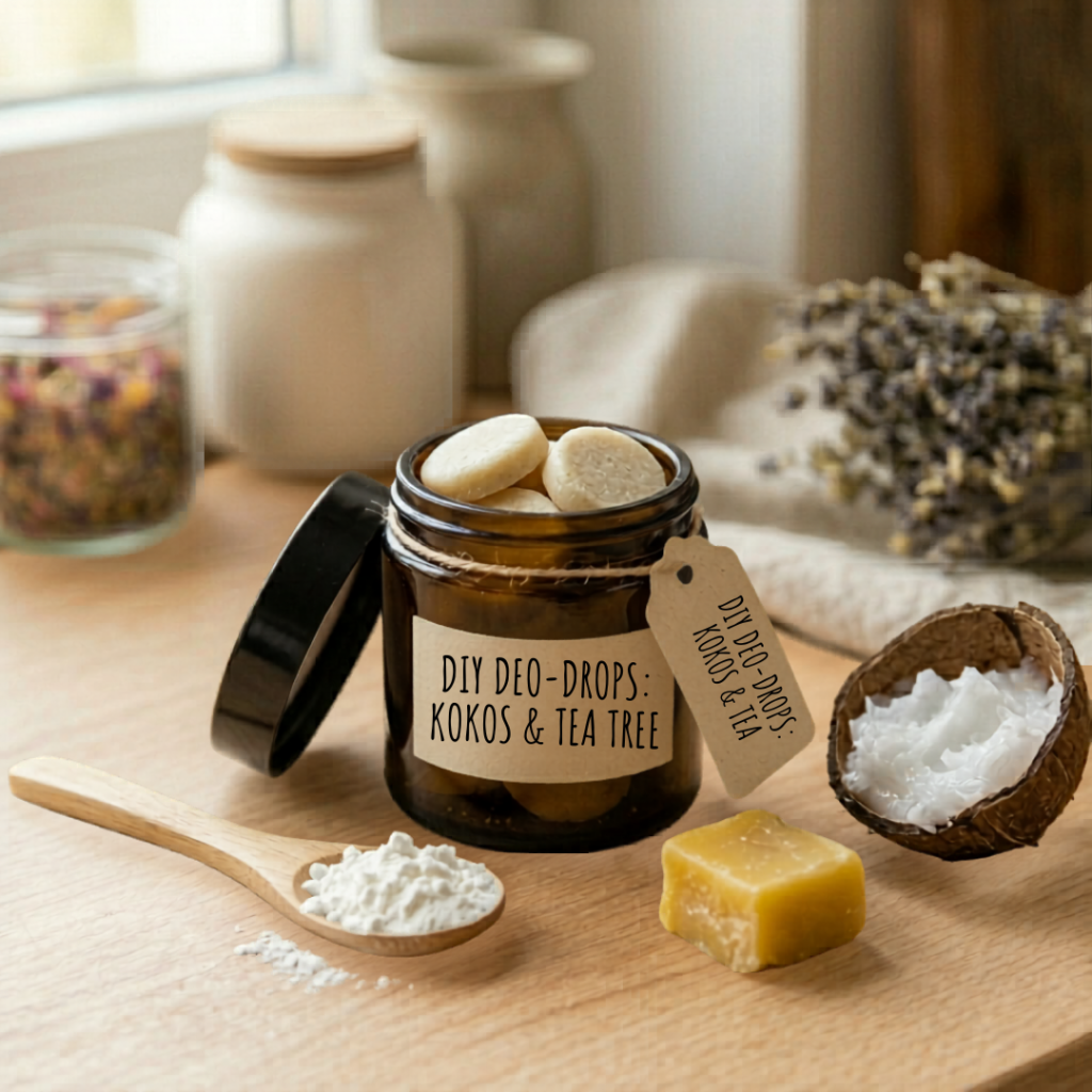 Hausgemachte feste Deo-Drops in einem Tiegel mit Kokosöl, Bienenwachs und Maisstärke daneben.