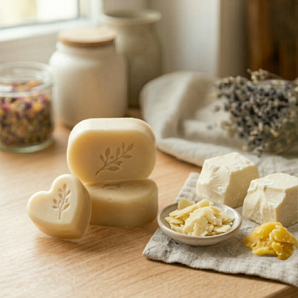 Feste Bodylotion-Bars mit eingeprägtem Blatt-Muster neben Sheabutter und Wachsflocken.