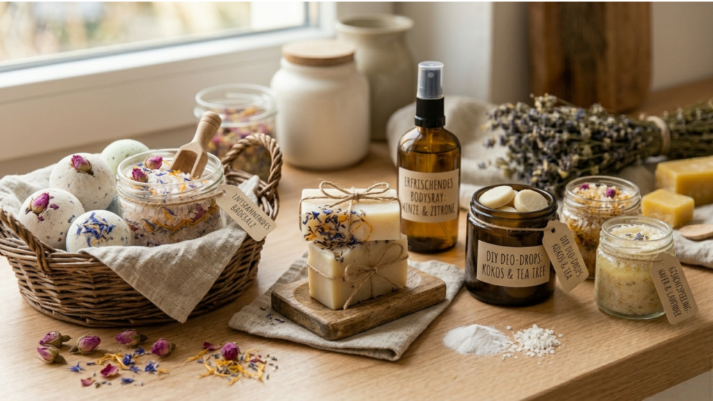 Komplette DIY-Kosmetik-Kollektion mit Seifen, Badebomben, Sprays und Peelings liebevoll auf einer Holztheke arrangiert.